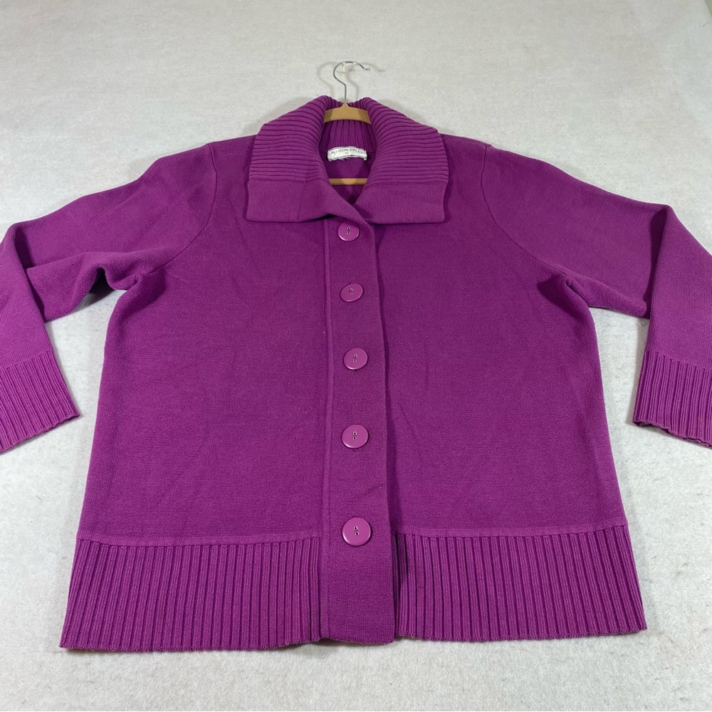Allison Daley Button Down Cardigan Purple Pockets Banded Hem& Cuff Long …